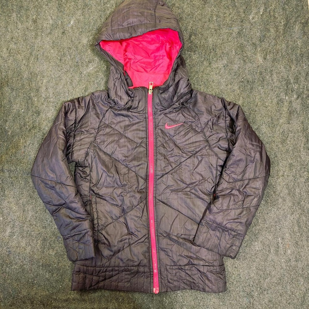 Nike kids Black Puffer Jacket Pink Lining Hooded Quilted Winter Coat Size S